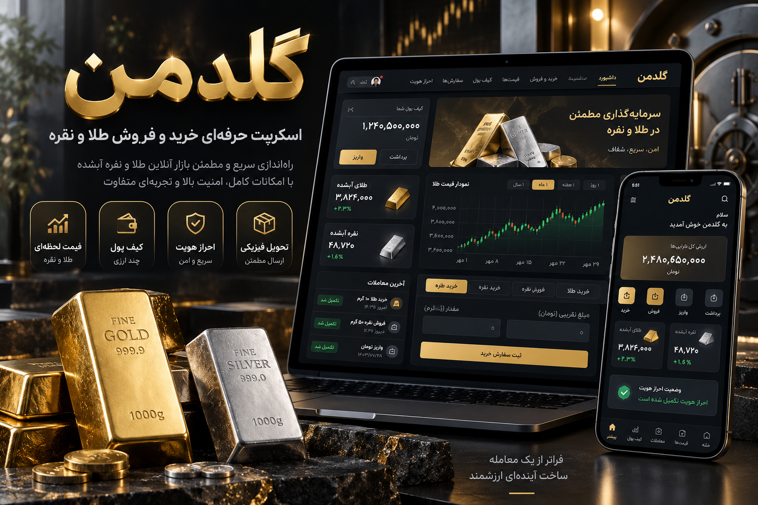 محیط وب و موبایل گلدمن برای معاملات طلا و نقره، کیف پول، احراز هویت و تحویل فیزیکی