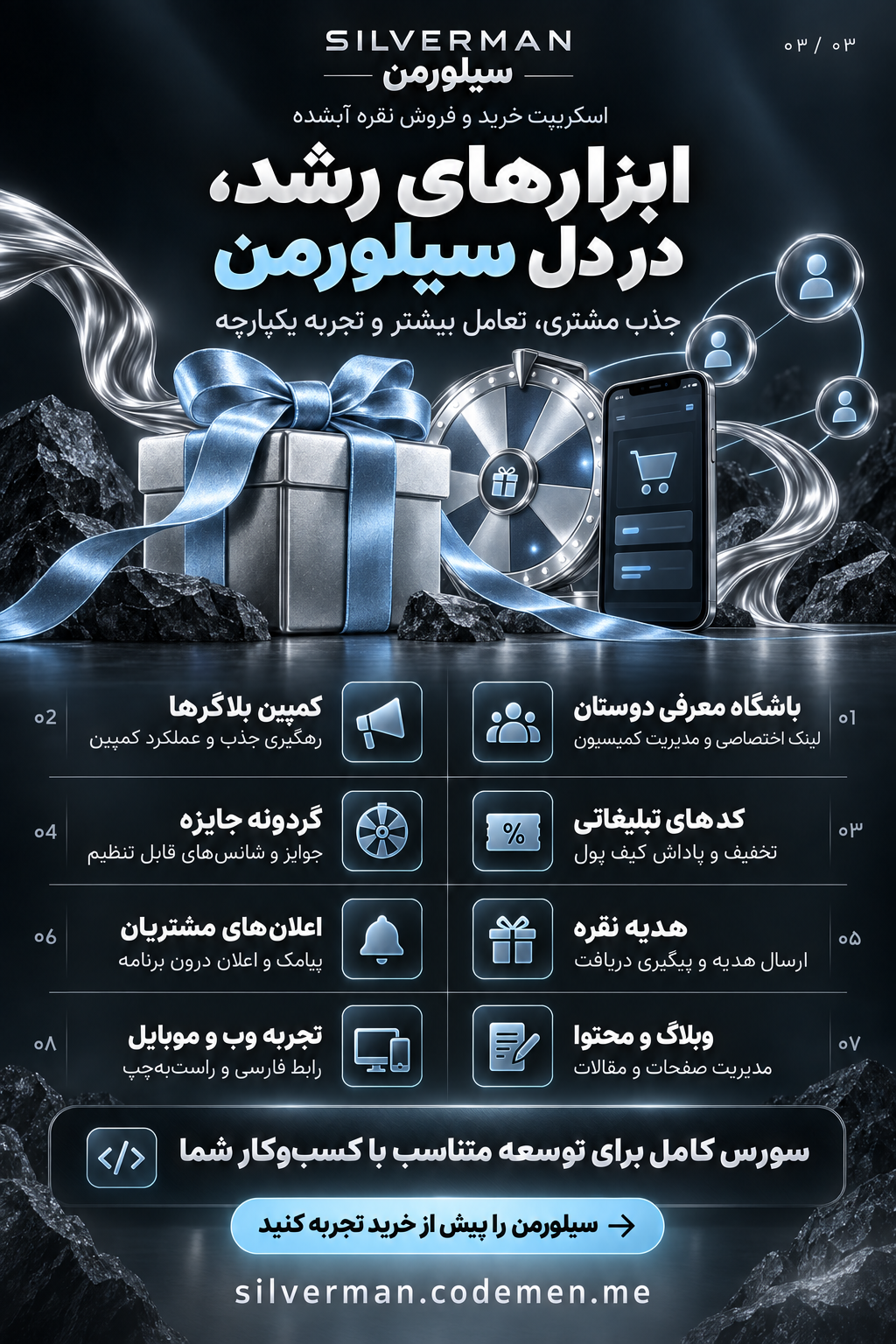 ابزارهای رشد سیلورمن؛ معرفی دوستان، کمپین، کد تبلیغاتی، گردونه جایزه، هدیه نقره و اعلان مشتریان